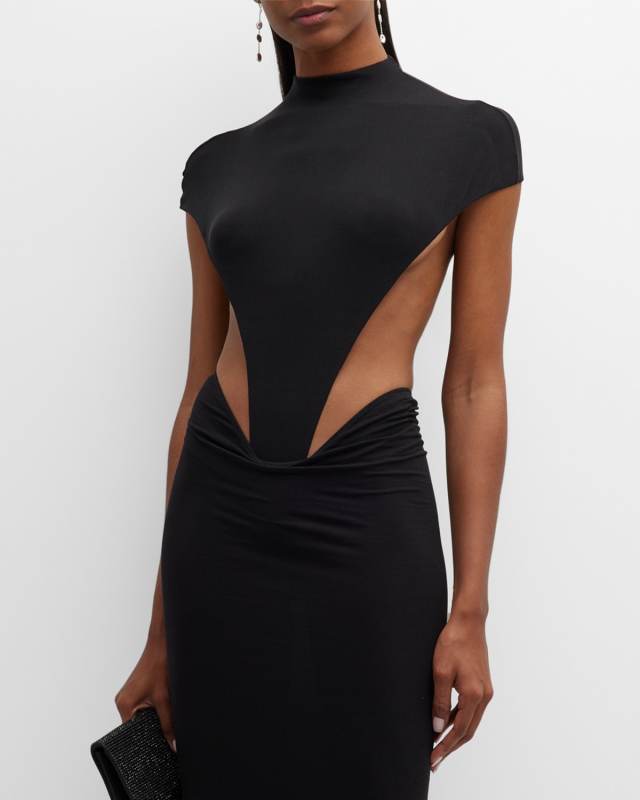 Funnel-Neck Cap-Sleeve Triangular Bodysuit